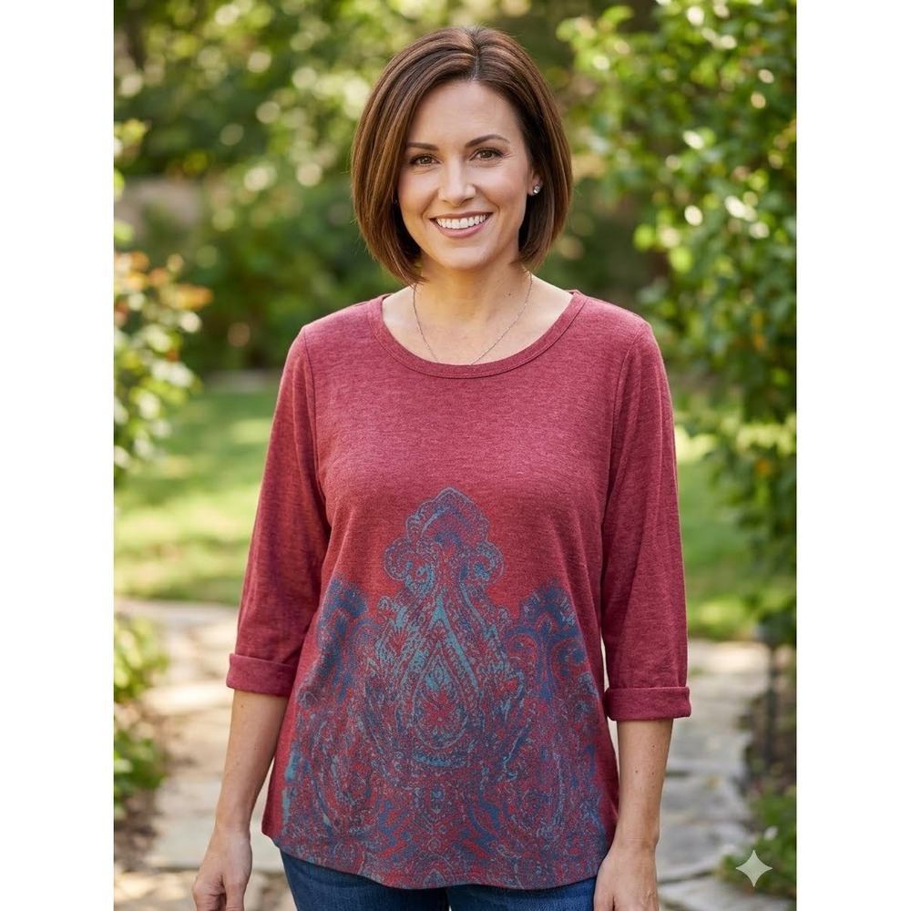 Lucky Brand Womens 2X Red Paisley Graphic 3/4 Sleeve Scoop Neck Boho T-Shirt Top